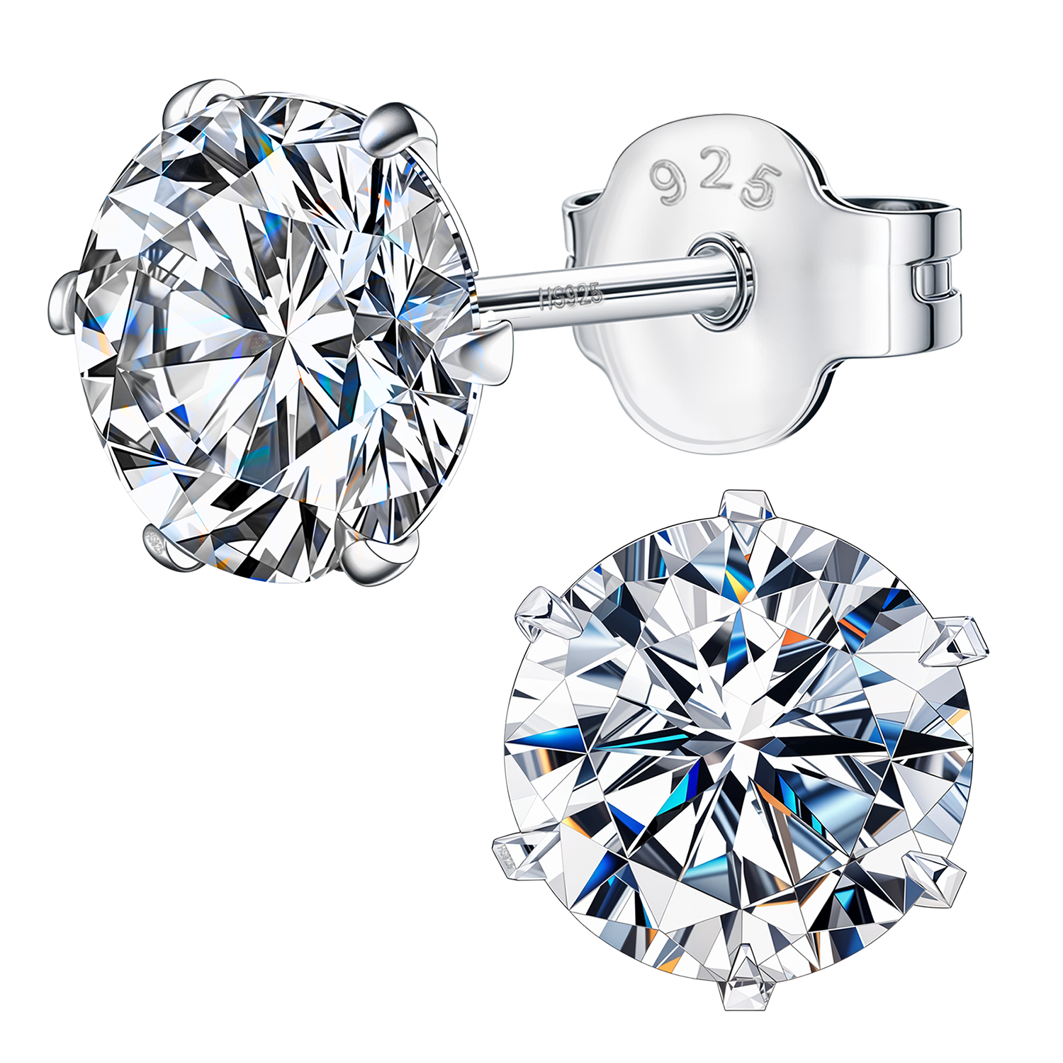 A pair of solitaire stud earrings with round brilliant-cut American diamonds in a six-prong setting, made of sterling silver.