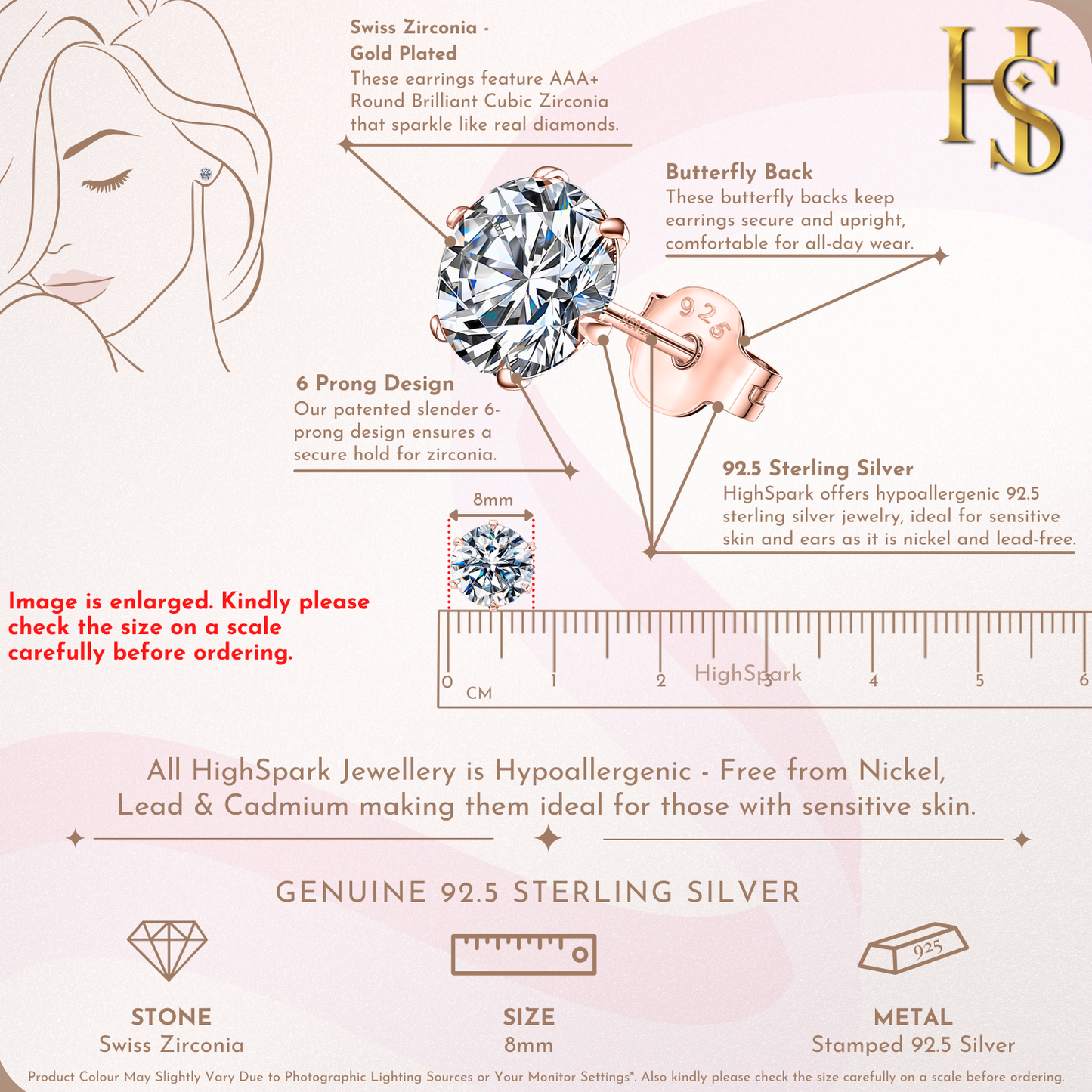 Classic Radiant Solitaire Stud Earrings in 925 Sterling Silver with 18k Rose Gold Finish For Women