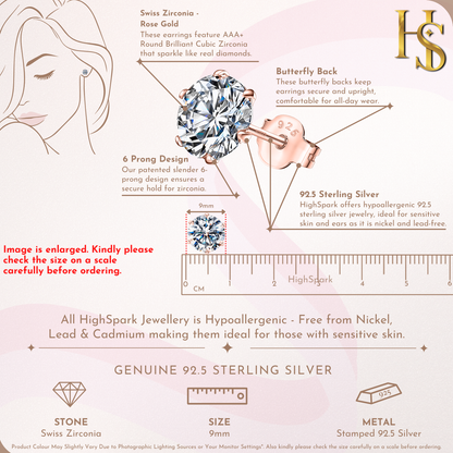 Classic Radiant Solitaire Stud Earrings in 925 Sterling Silver with 18k Rose Gold Finish For Women