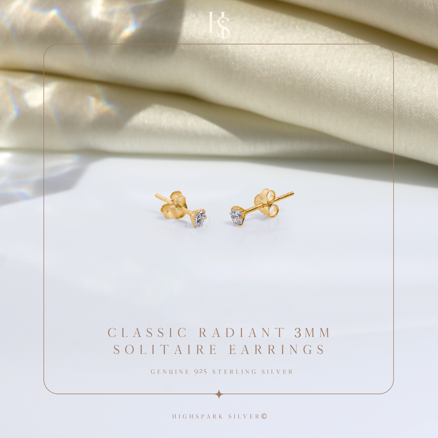 Gold Simple Solitaire Stud Earrings - 92.5 Silver - Round Brilliant Zirconia Tops for everyday wear in 18K Gold Finish