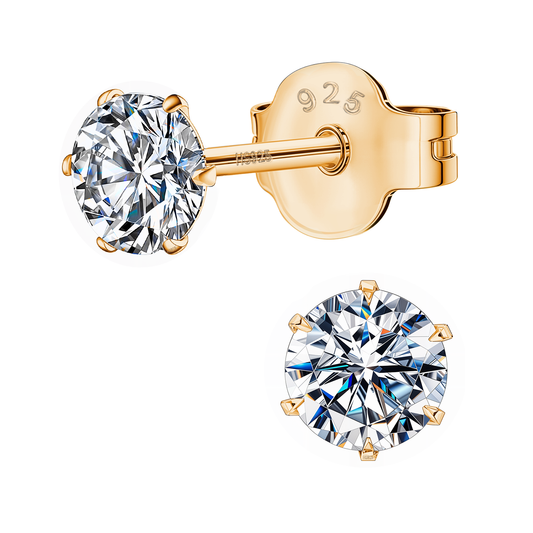 Gold Simple Solitaire Stud Earrings - 92.5 Silver - Round Brilliant Zirconia Tops for everyday wear in 18K Gold Finish