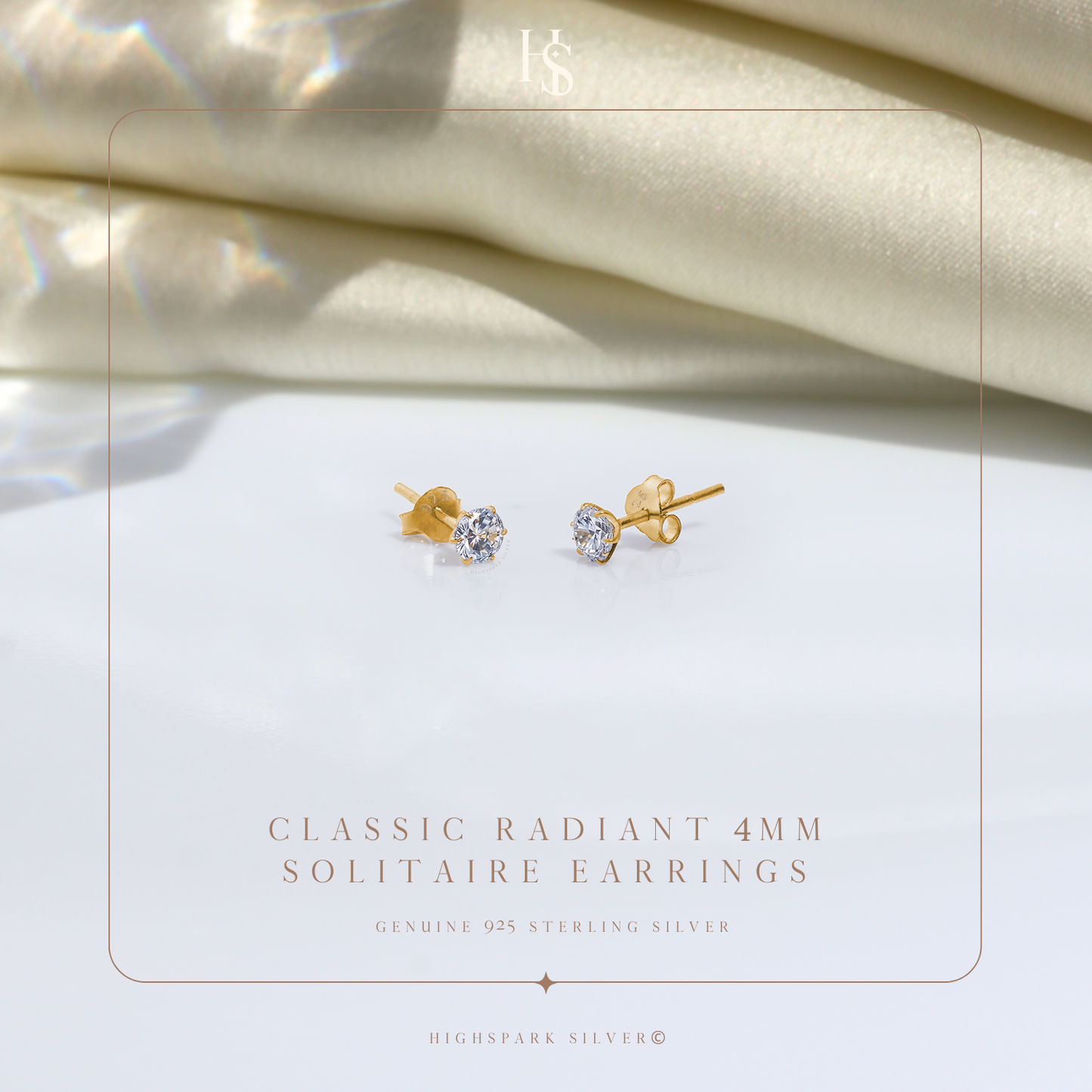 Gold Simple Solitaire Stud Earrings - 92.5 Silver - Round Brilliant Zirconia Tops for everyday wear in 18K Gold Finish