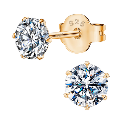 Gold Simple Solitaire Stud Earrings - 92.5 Silver - Round Brilliant Zirconia Tops for everyday wear in 18K Gold Finish