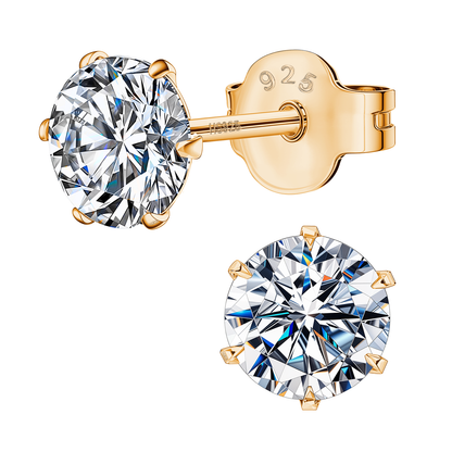 Gold Simple Solitaire Stud Earrings - 92.5 Silver - Round Brilliant Zirconia Tops for everyday wear in 18K Gold Finish