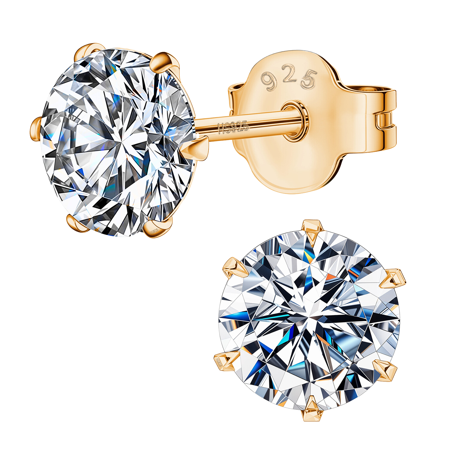A pair of gold-plated stud earrings with round American diamonds in a six-prong setting, shown with a butterfly back on a white background.