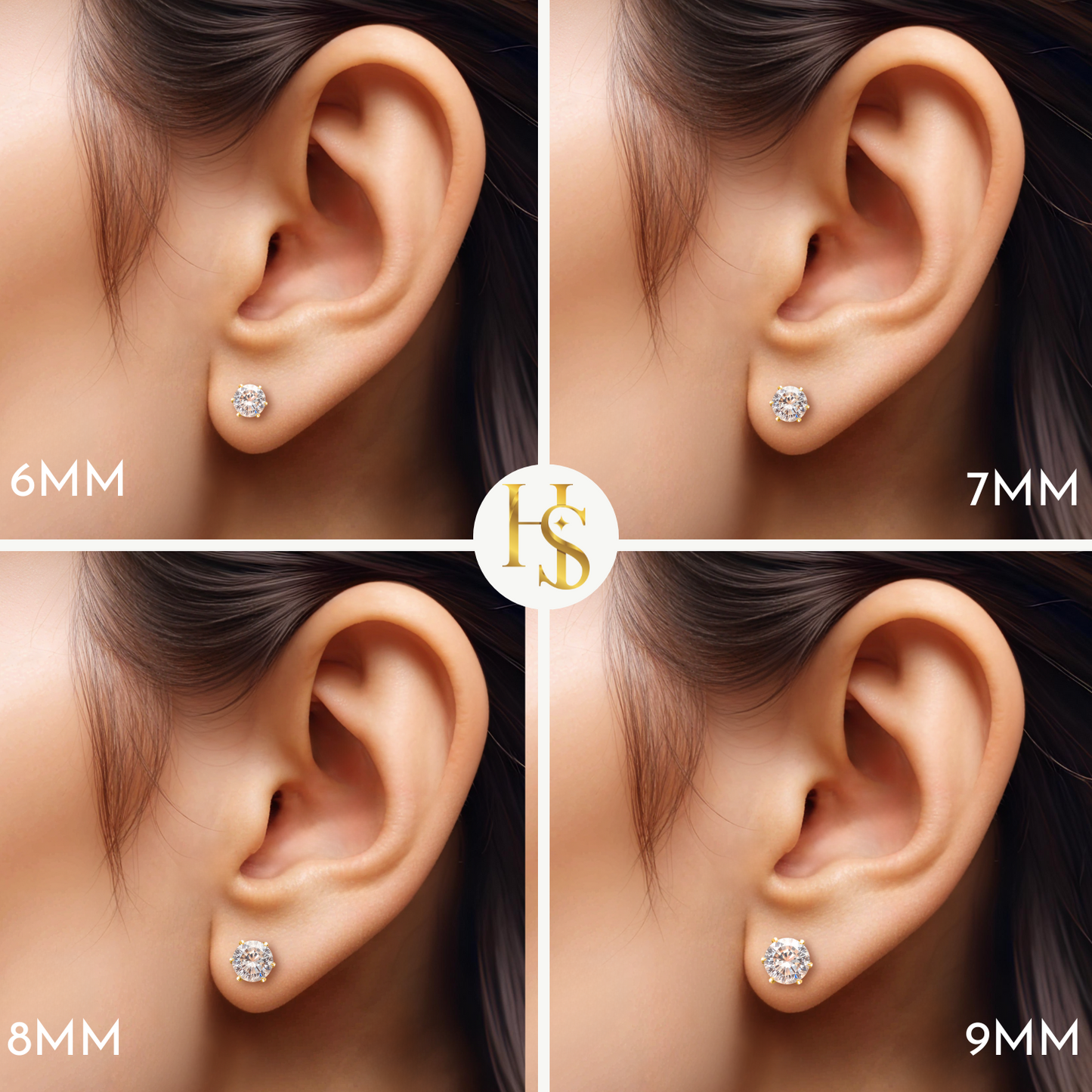 Gold Simple Solitaire Stud Earrings - 92.5 Silver - Round Brilliant Zirconia Tops for everyday wear in 18K Gold Finish