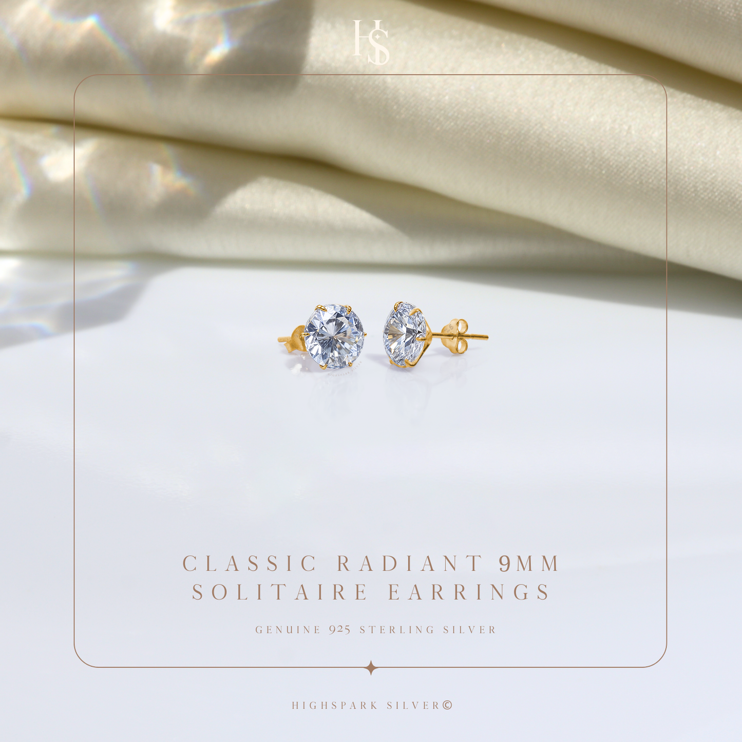 Gold Simple Solitaire Stud Earrings - 92.5 Silver - Round Brilliant Zirconia Tops for everyday wear in 18K Gold Finish