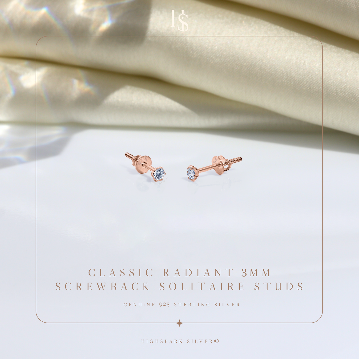 Classic Radiant Solitaire Screwback Stud Earrings in 925 Sterling Silver with 18k Rose Gold Finish For Women