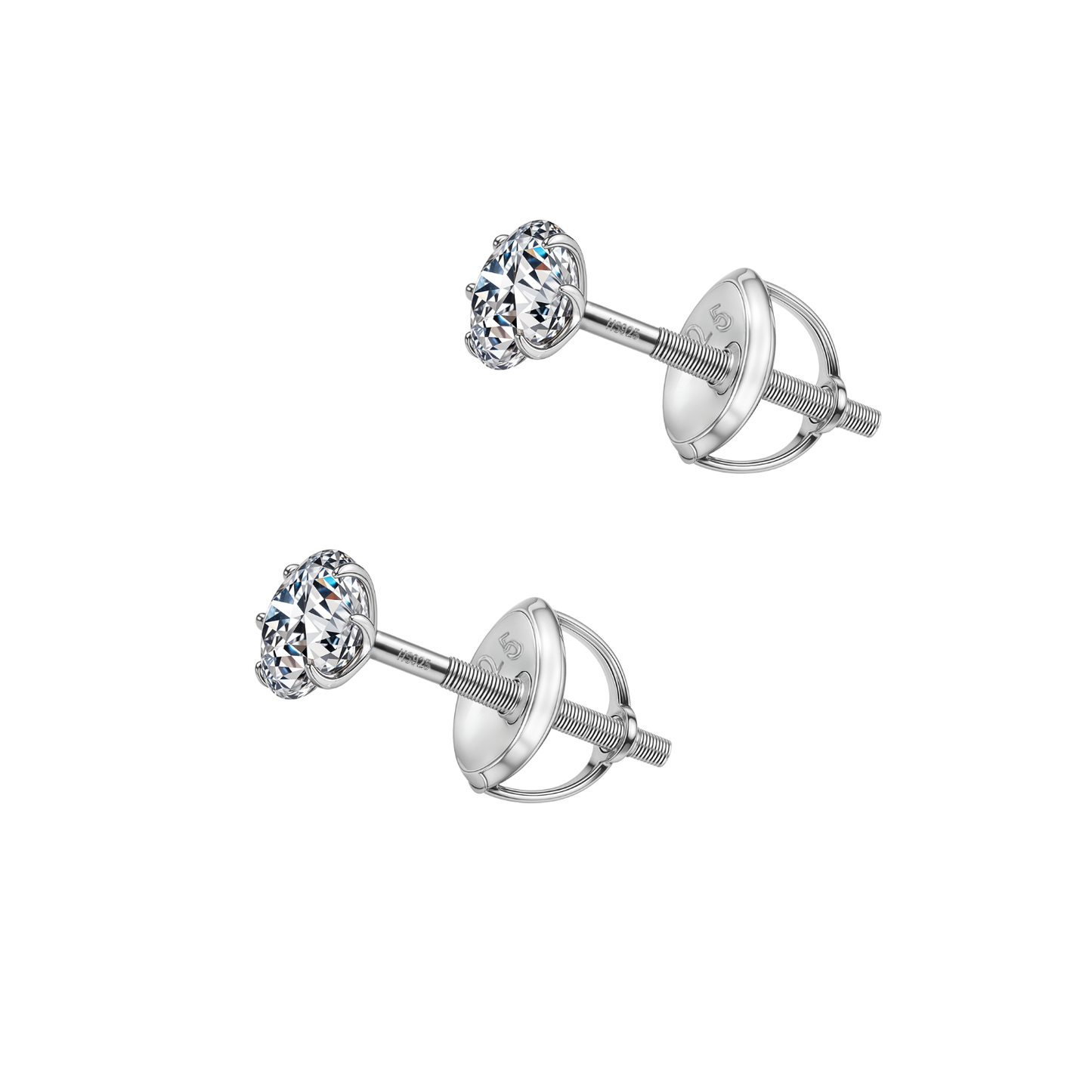 Screwback Solitaire Stud Earrings - 92.5 Silver - Round Cubic Zirconia Tops for everyday wear