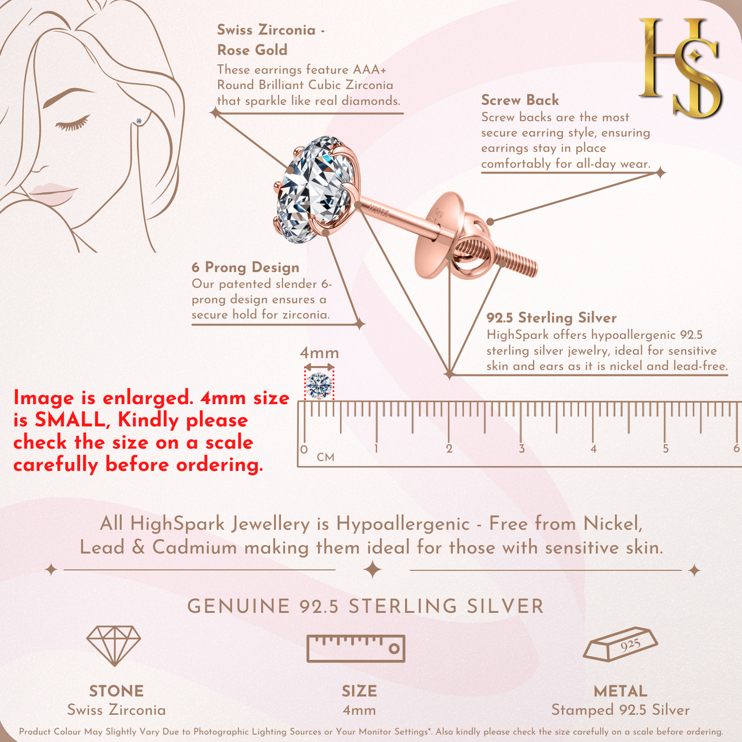 Classic Radiant Solitaire Screwback Stud Earrings in 925 Sterling Silver with 18k Rose Gold Finish For Women