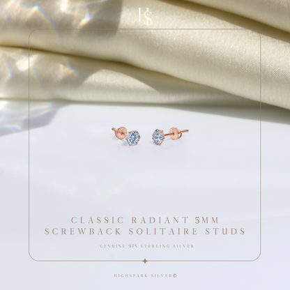 Classic Radiant Solitaire Screwback Stud Earrings in 925 Sterling Silver with 18k Rose Gold Finish For Women