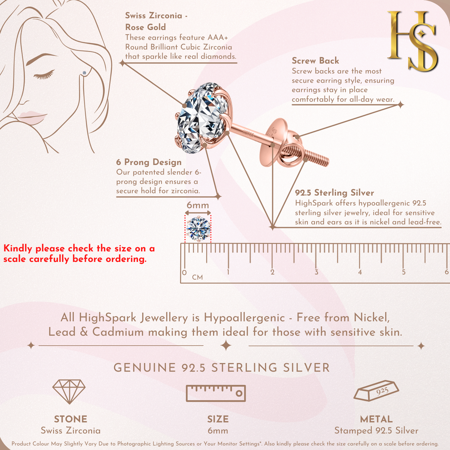 Classic Radiant Solitaire Screwback Stud Earrings in 925 Sterling Silver with 18k Rose Gold Finish For Women