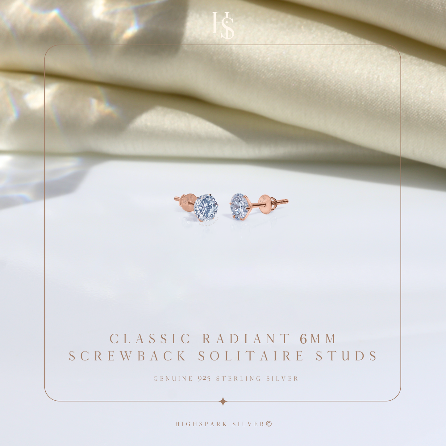 Classic Radiant Solitaire Screwback Stud Earrings in 925 Sterling Silver with 18k Rose Gold Finish For Women