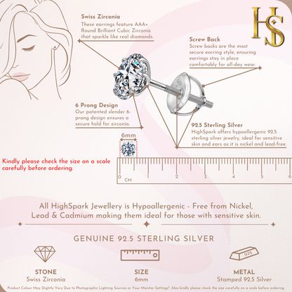 Screwback Solitaire Stud Earrings - 92.5 Silver - Round Cubic Zirconia Tops for everyday wear