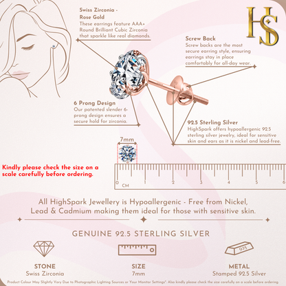 Classic Radiant Solitaire Screwback Stud Earrings in 925 Sterling Silver with 18k Rose Gold Finish For Women