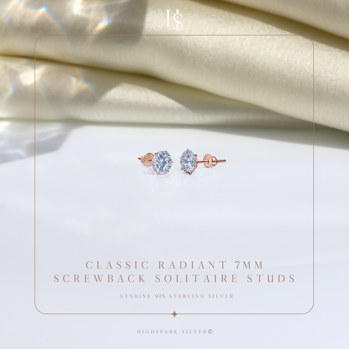 Classic Radiant Solitaire Screwback Stud Earrings in 925 Sterling Silver with 18k Rose Gold Finish For Women