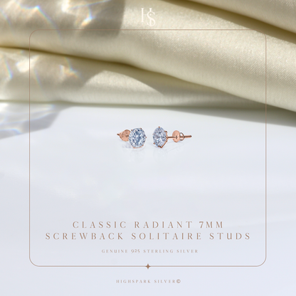 Classic Radiant Solitaire Screwback Stud Earrings in 925 Sterling Silver with 18k Rose Gold Finish For Women
