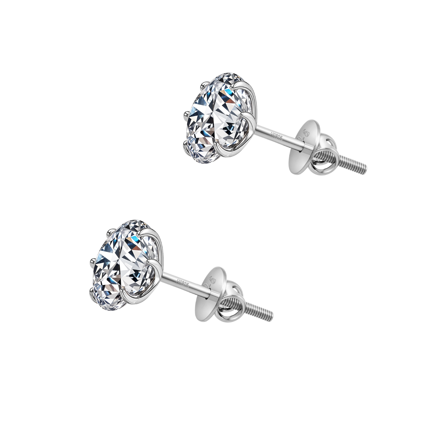 A pair of sterling silver stud earrings with round American diamonds in a six-prong setting and a secure screw back, on a white background.