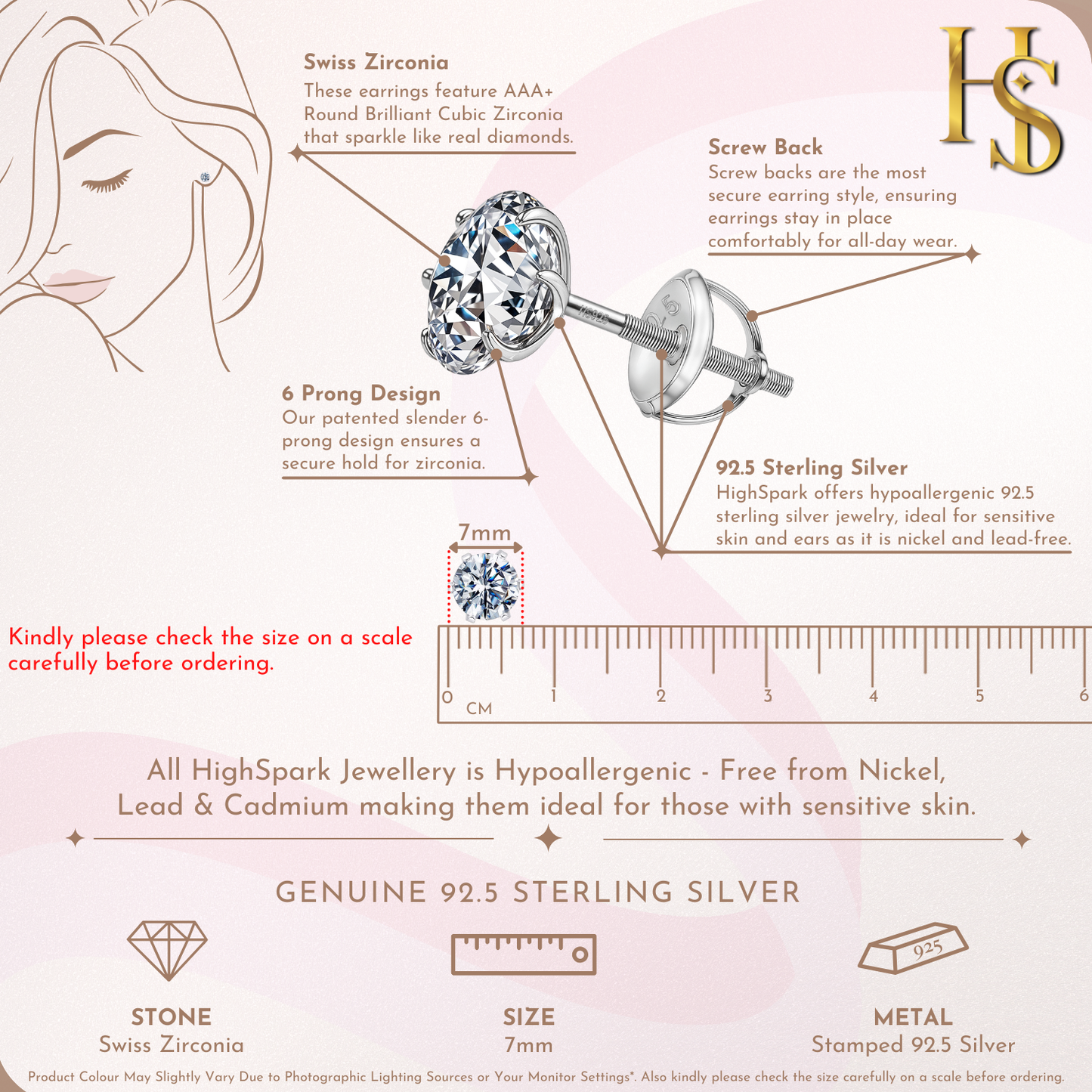 Screwback Solitaire Stud Earrings - 92.5 Silver - Round Cubic Zirconia Tops for everyday wear