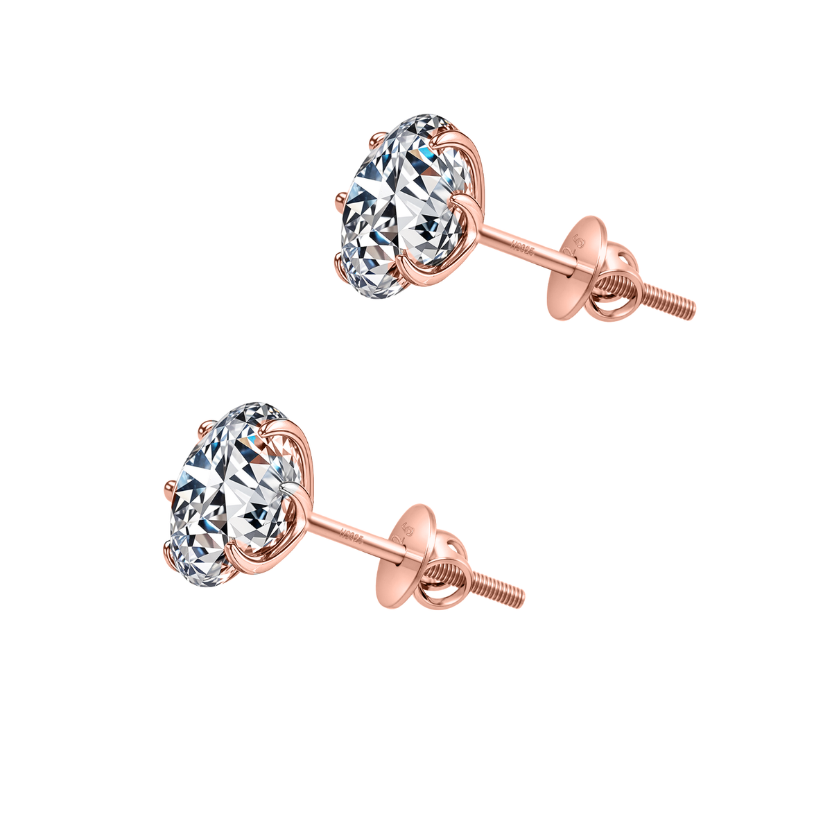 A pair of solitaire stud earrings with round American diamonds in a six-prong setting and a rose gold finish, shown on a white background.