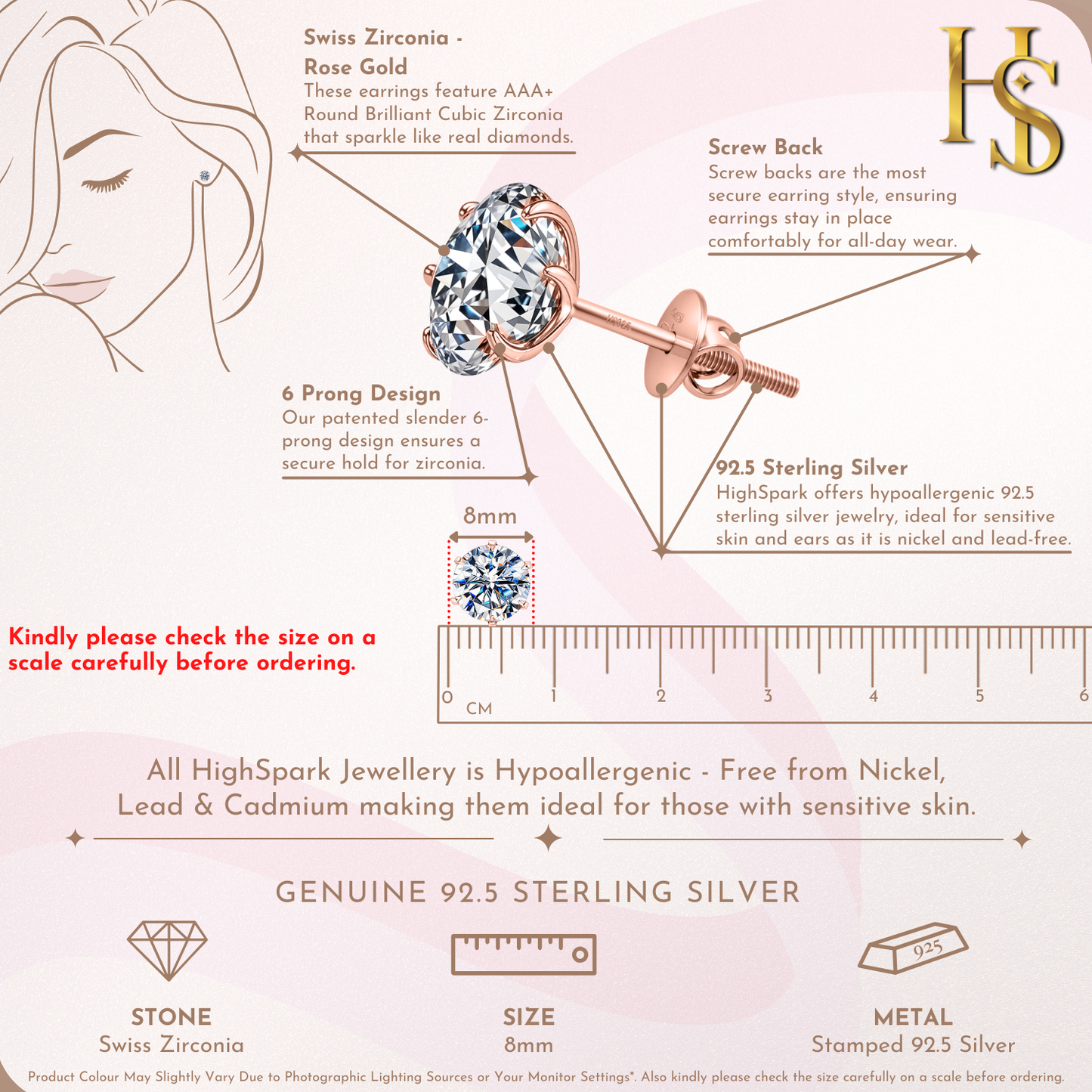 Classic Radiant Solitaire Screwback Stud Earrings in 925 Sterling Silver with 18k Rose Gold Finish For Women