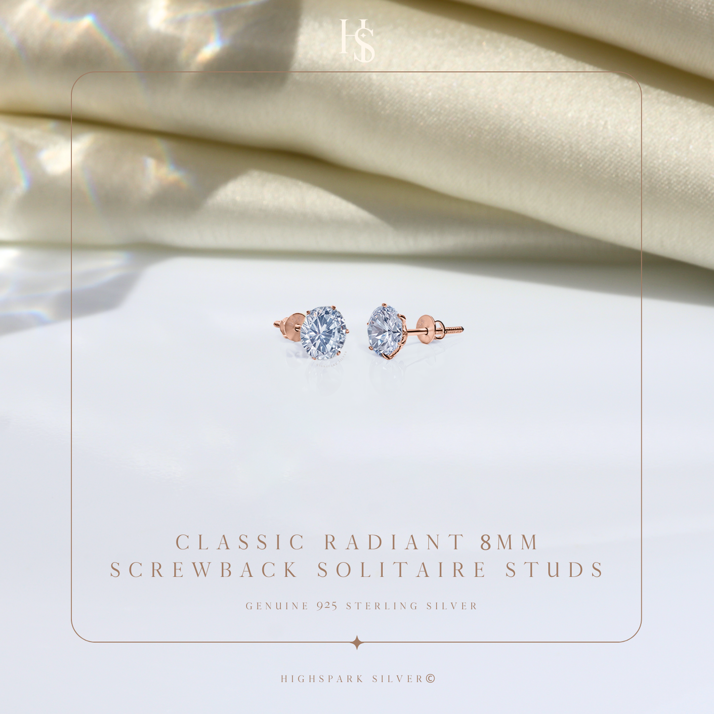 Classic Radiant Solitaire Screwback Stud Earrings in 925 Sterling Silver with 18k Rose Gold Finish For Women