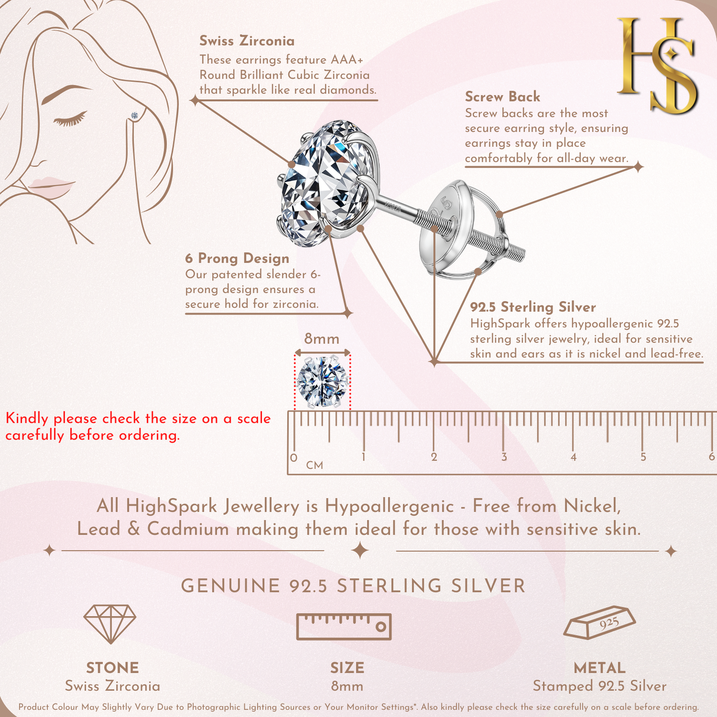 Screwback Solitaire Stud Earrings - 92.5 Silver - Round Cubic Zirconia Tops for everyday wear