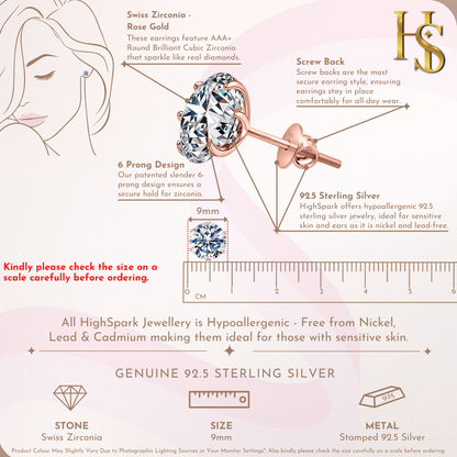 Classic Radiant Solitaire Screwback Stud Earrings in 925 Sterling Silver with 18k Rose Gold Finish For Women
