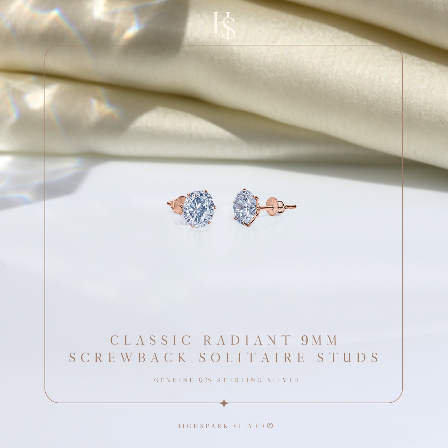 Classic Radiant Solitaire Screwback Stud Earrings in 925 Sterling Silver with 18k Rose Gold Finish For Women
