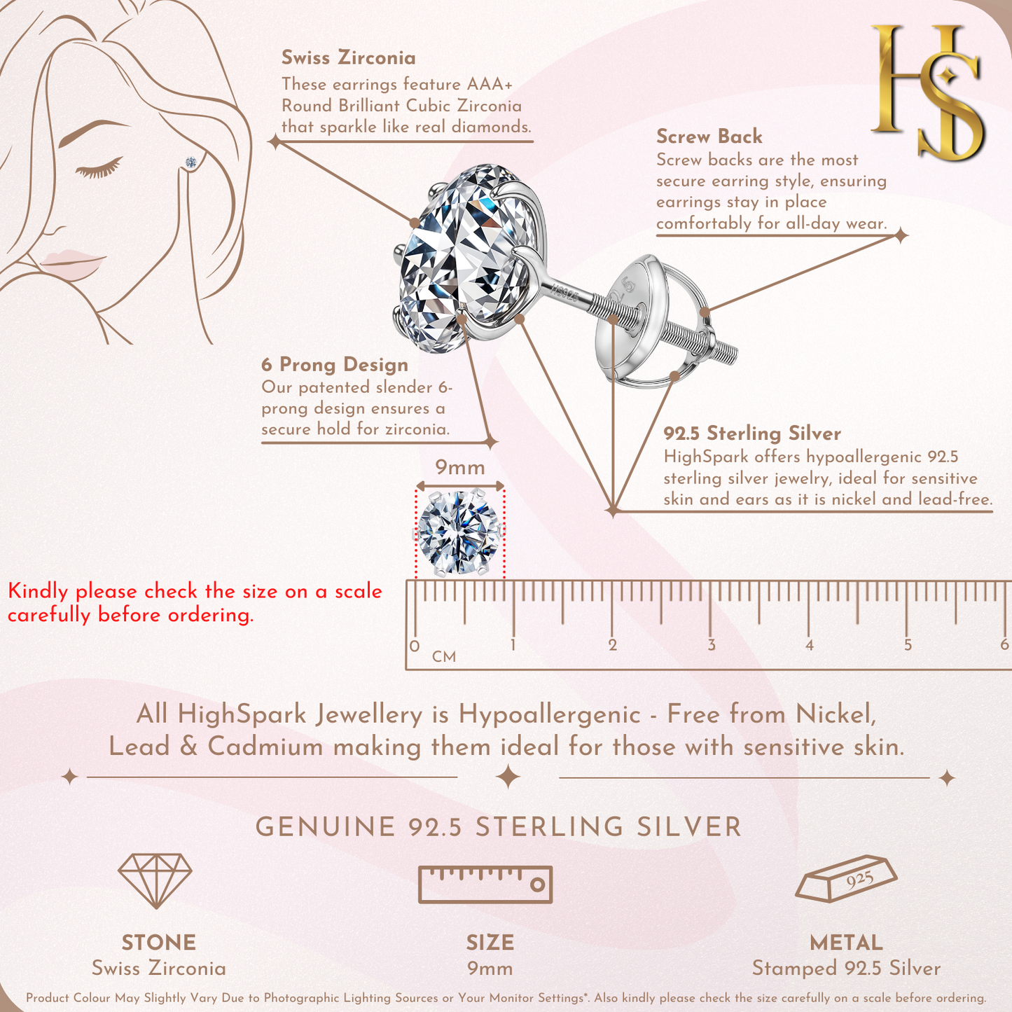 Screwback Solitaire Stud Earrings - 92.5 Silver - Round Cubic Zirconia Tops for everyday wear