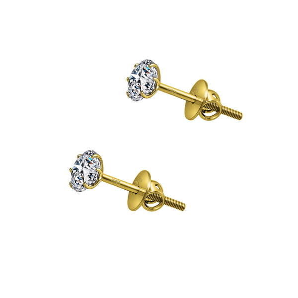 A pair of gold-plated stud earrings with round American diamonds in a six-prong setting and secure screw backs, shown on a white background.