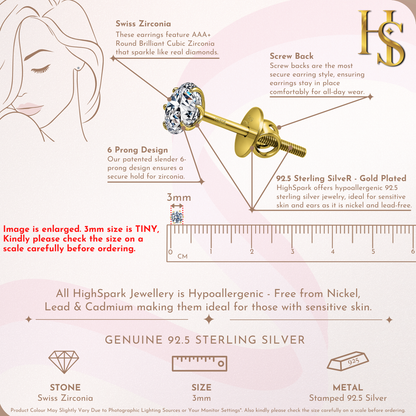 Gold Simple Solitaire Screwbcak Earrings - 92.5 Silver - Round Brilliant Zirconia Tops for everyday wear in 18K Gold Finish