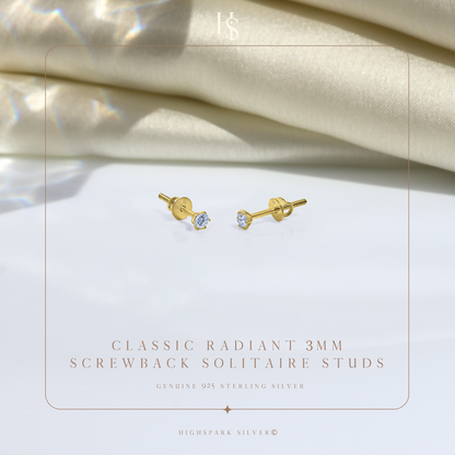 Gold Simple Solitaire Screwbcak Earrings - 92.5 Silver - Round Brilliant Zirconia Tops for everyday wear in 18K Gold Finish