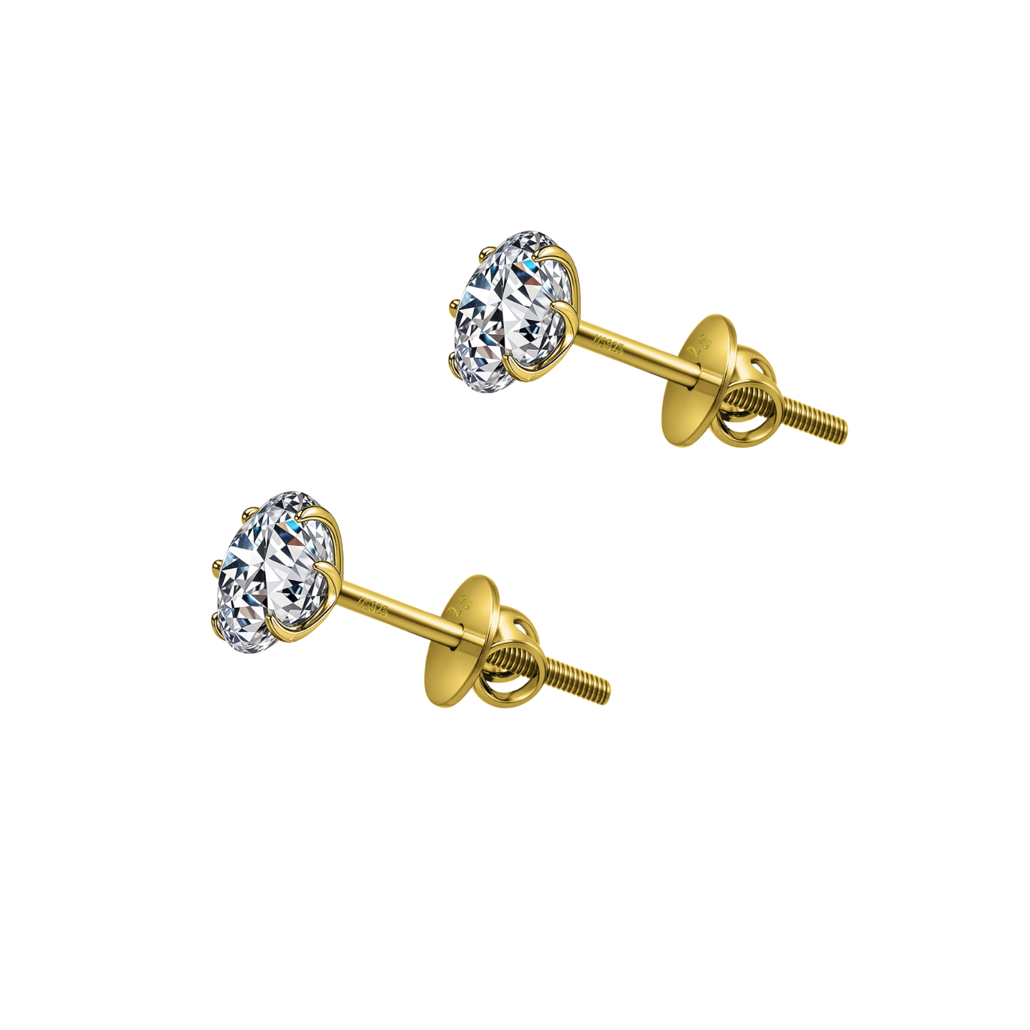 Gold Simple Solitaire Screwbcak Earrings - 92.5 Silver - Round Brilliant Zirconia Tops for everyday wear in 18K Gold Finish