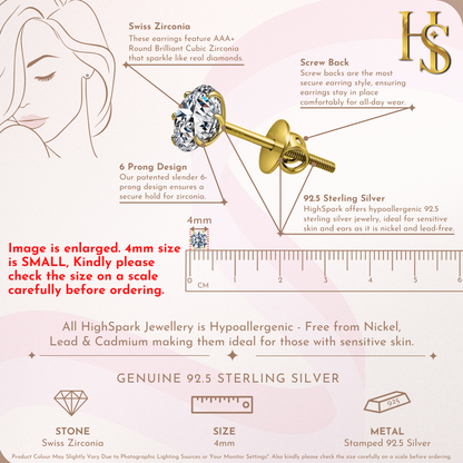 Gold Simple Solitaire Screwbcak Earrings - 92.5 Silver - Round Brilliant Zirconia Tops for everyday wear in 18K Gold Finish