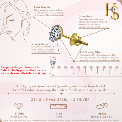 Gold Simple Solitaire Screwbcak Earrings - 92.5 Silver - Round Brilliant Zirconia Tops for everyday wear in 18K Gold Finish