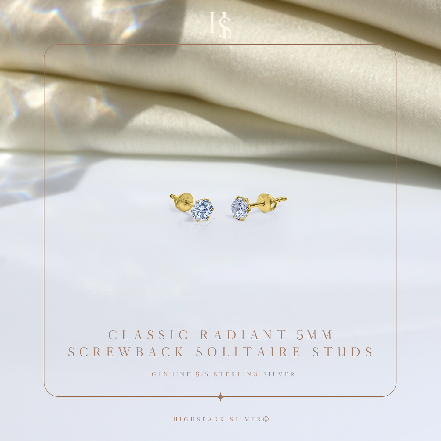 Gold Simple Solitaire Screwbcak Earrings - 92.5 Silver - Round Brilliant Zirconia Tops for everyday wear in 18K Gold Finish
