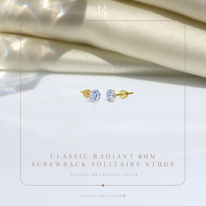 Gold Simple Solitaire Screwbcak Earrings - 92.5 Silver - Round Brilliant Zirconia Tops for everyday wear in 18K Gold Finish