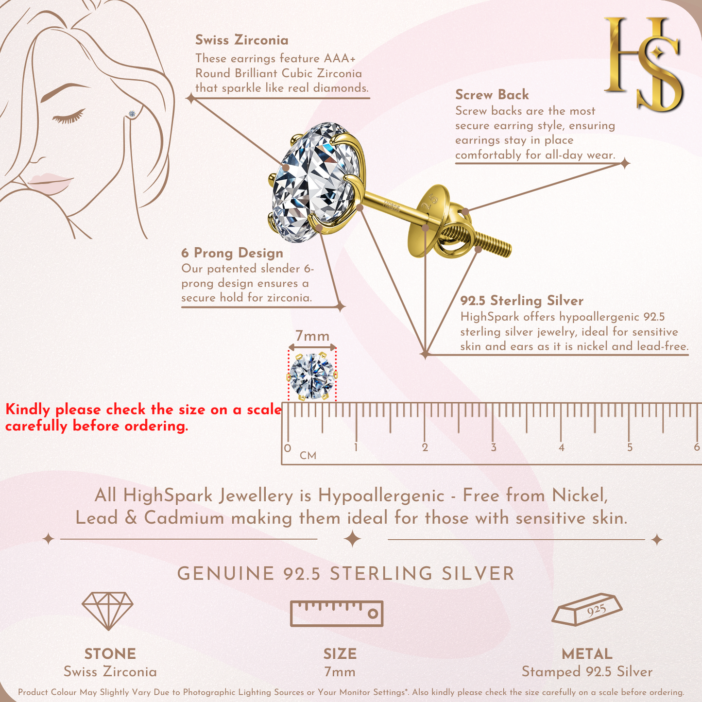 Gold Simple Solitaire Screwbcak Earrings - 92.5 Silver - Round Brilliant Zirconia Tops for everyday wear in 18K Gold Finish