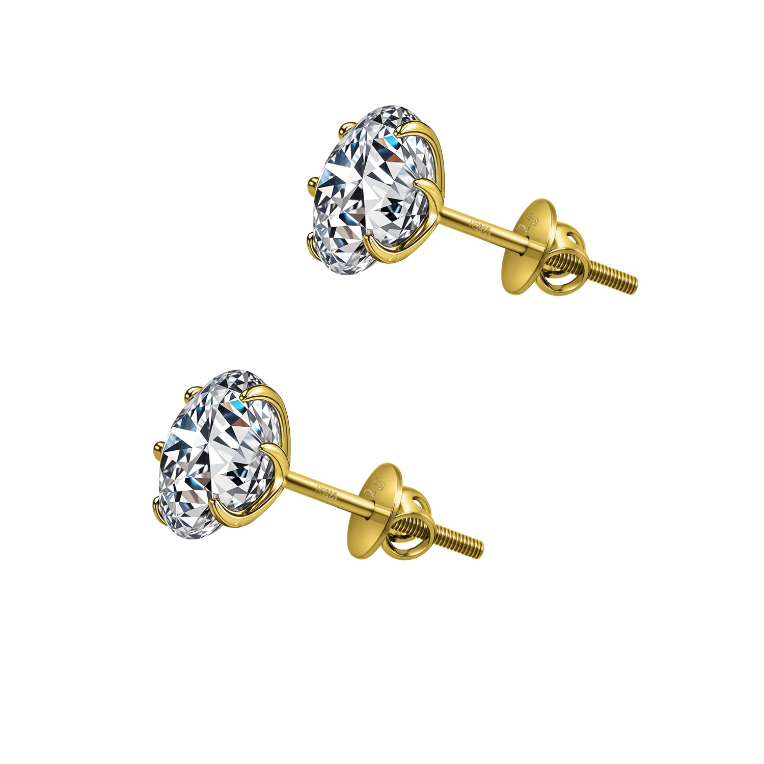 A pair of solitaire stud earrings with round brilliant-cut American diamonds in a six-prong setting and secure screw backs.