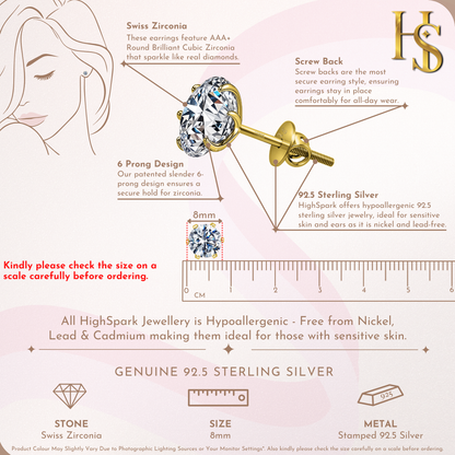 Gold Simple Solitaire Screwbcak Earrings - 92.5 Silver - Round Brilliant Zirconia Tops for everyday wear in 18K Gold Finish