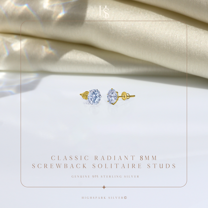 Gold Simple Solitaire Screwbcak Earrings - 92.5 Silver - Round Brilliant Zirconia Tops for everyday wear in 18K Gold Finish