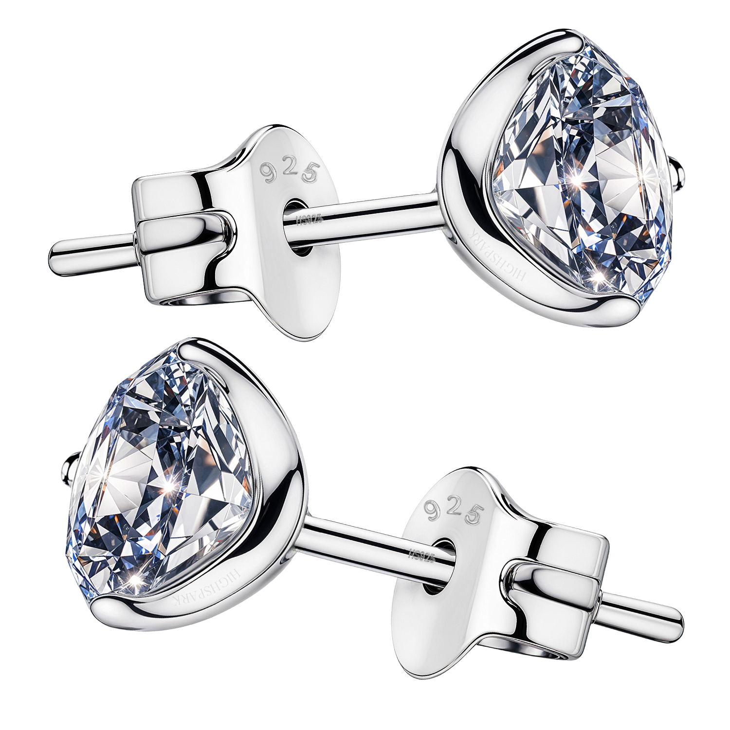 A pair of solitaire stud earrings with round American diamonds in a three-prong martini setting, made from sterling silver with a push back.