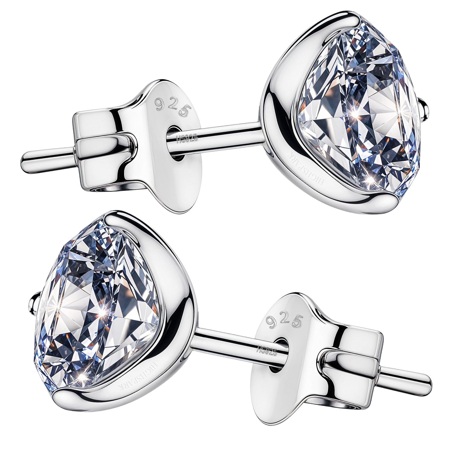 A pair of sterling silver stud earrings with round American diamonds in a three-prong martini setting, shown on a white background.