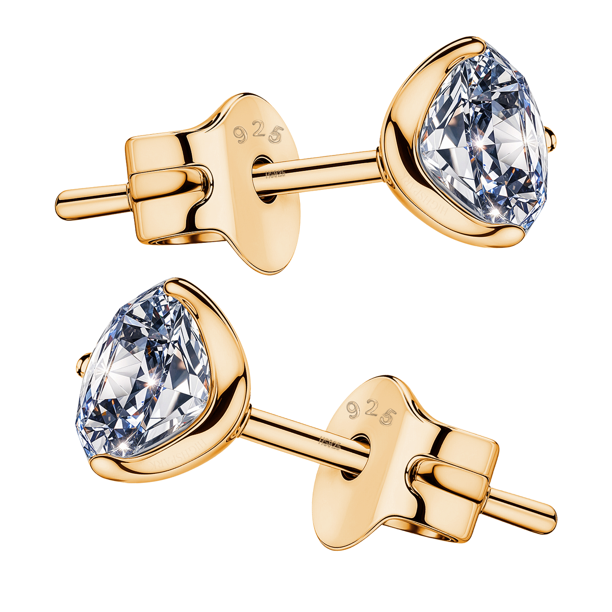 A pair of gold-plated sterling silver stud earrings with round American diamonds in a three-prong martini setting.