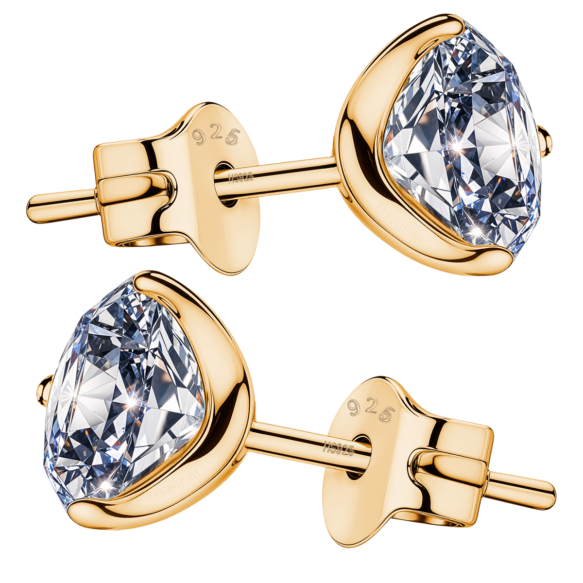 A pair of gold-plated sterling silver stud earrings with round American diamonds in a three-prong martini setting.