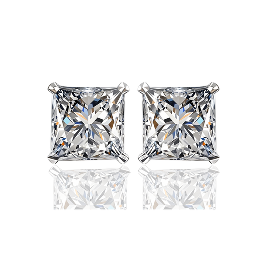 Solitaire Square Stud Earrings in 92.5 Silver - Princess Cut - Brilliant Swiss Zirconia