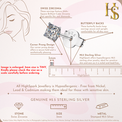 Solitaire Square Stud Earrings in 92.5 Silver - Princess Cut - Brilliant Swiss Zirconia
