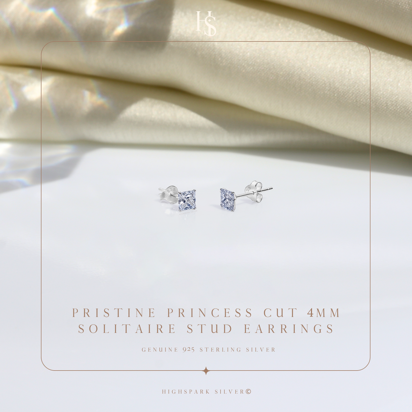 Solitaire Square Stud Earrings in 92.5 Silver - Princess Cut - Brilliant Swiss Zirconia