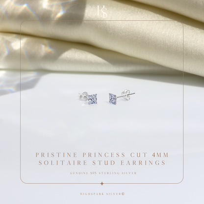 Solitaire Square Stud Earrings in 92.5 Silver - Princess Cut - Brilliant Swiss Zirconia